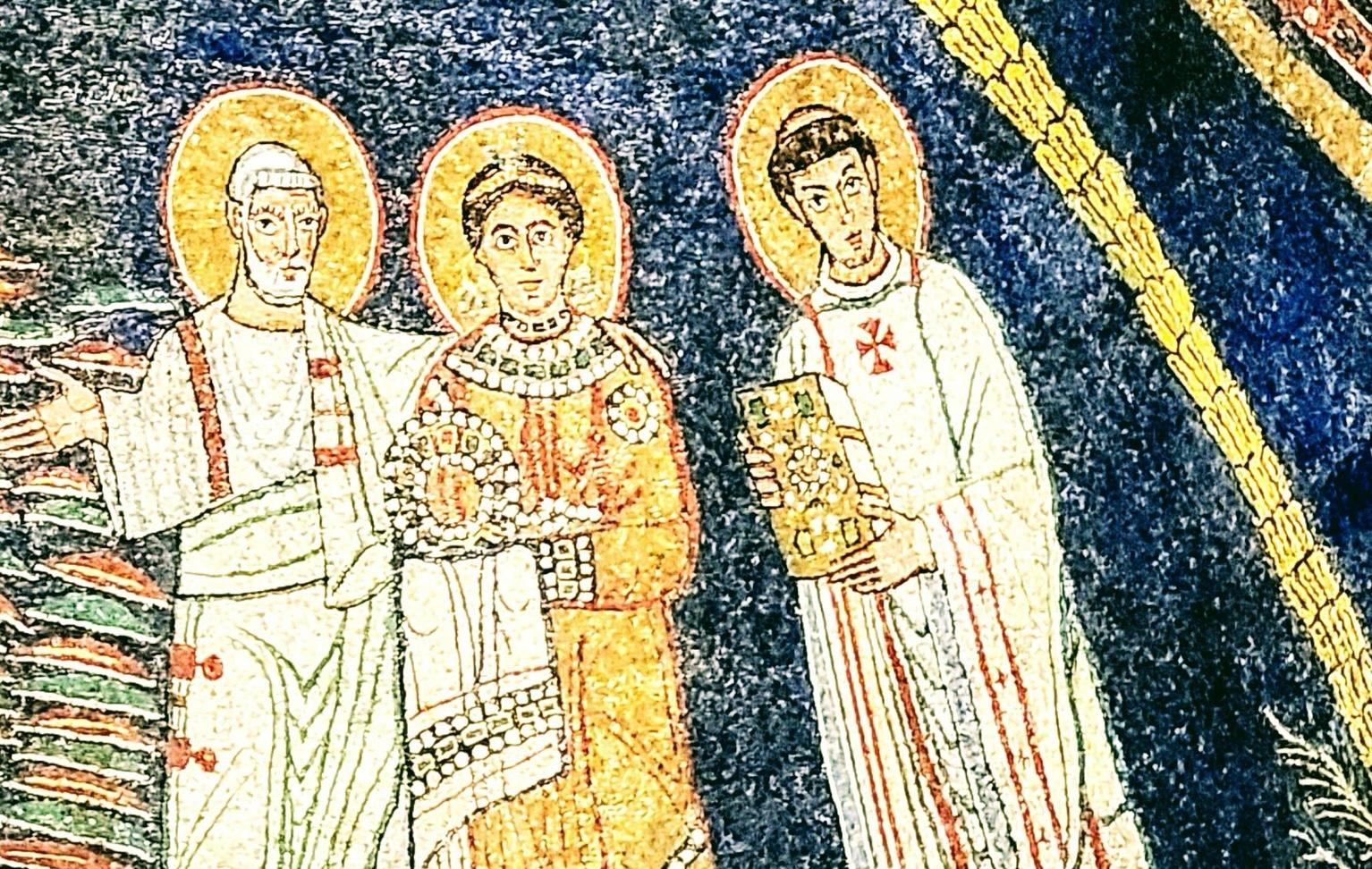 a detail of the 9th-century apse mosaic in the Basilica of Saint Praxedes in Rome, depicting Saint Peter introducing Saint Pudentiana (or Pudentiana) and a saint, presumably Saint Zeno