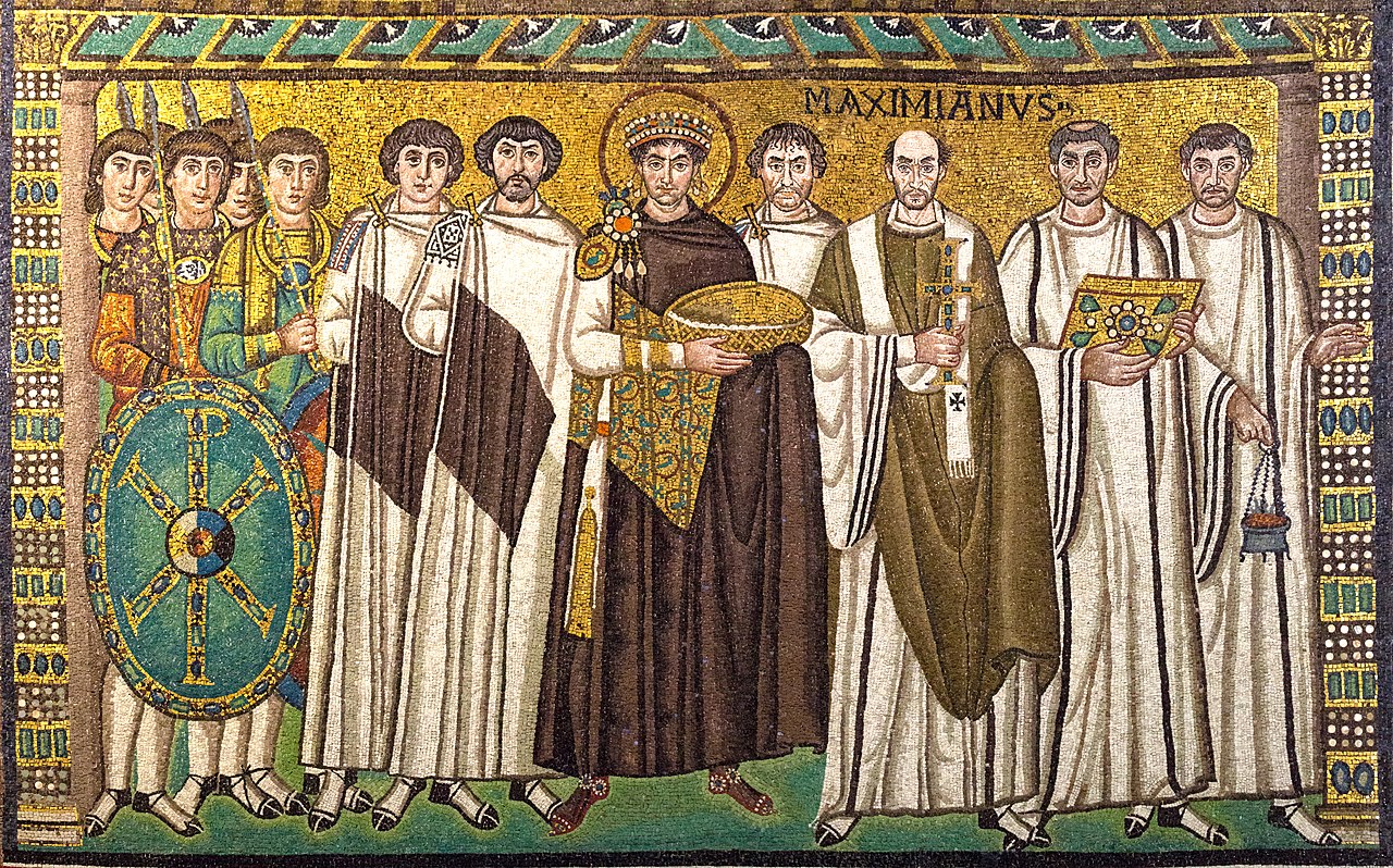 The famous Byzantine mosaic depicting Emperor Justinian and his entourage, located in the apse of the Basilica of San Vitale in Ravenna