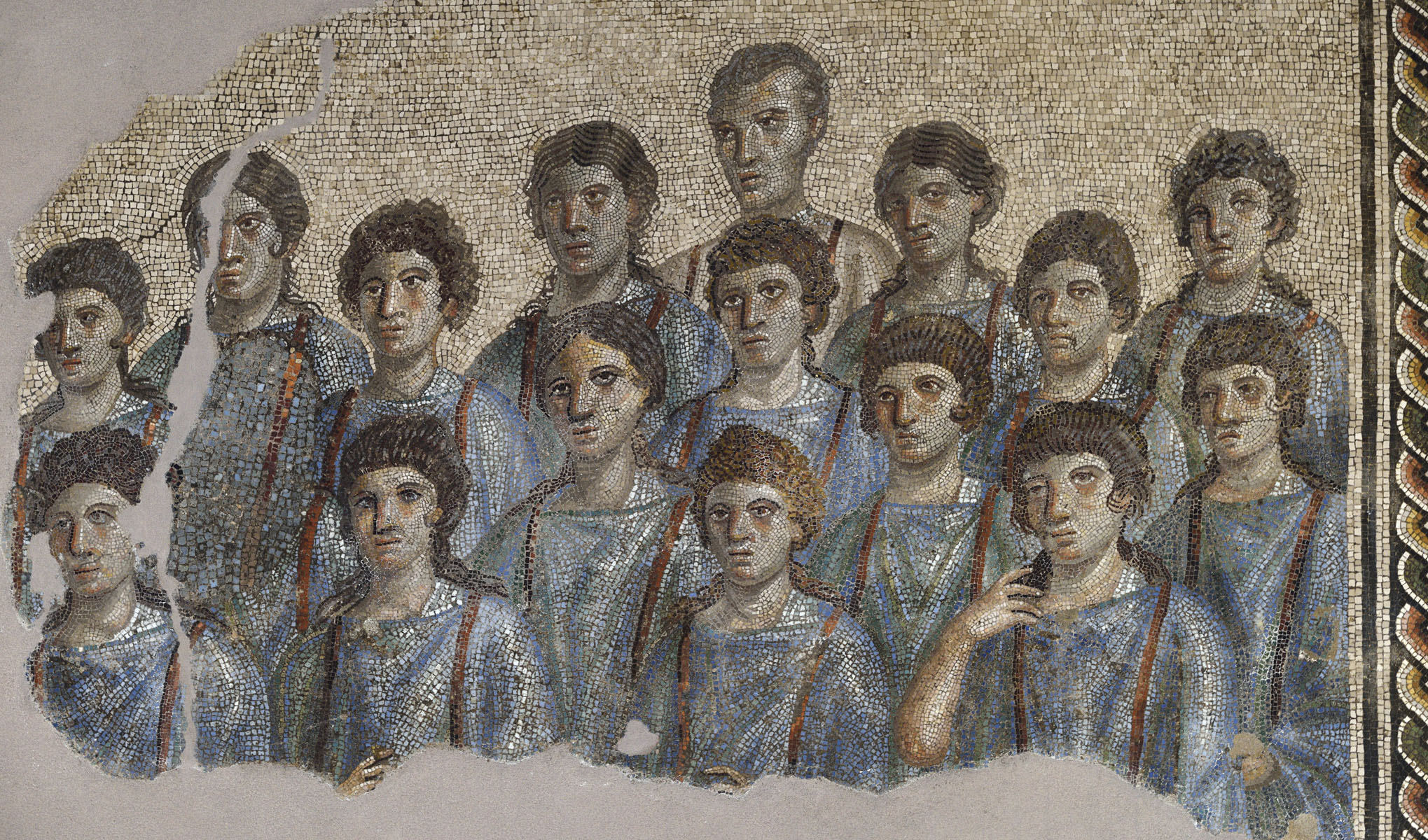 Detail of the mosaic of the Alumnae Varianae (or Women’s Choir / Schola Cantorum), a floor mosaic made of stone and glass paste dating from the 2nd–3rd centuries AD